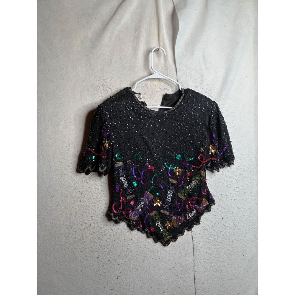 Laurence Kazar Vintage Y2K Silk Beaded Sequin 2000 Party Blouse Black PL